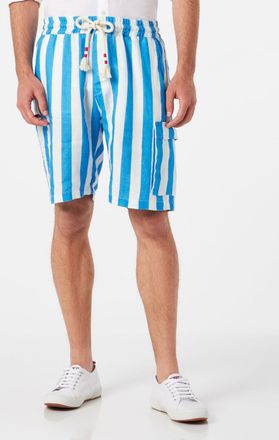 MC2 Saint Barth Man Linen Bermuda Shorts With White And Bluette Stripes