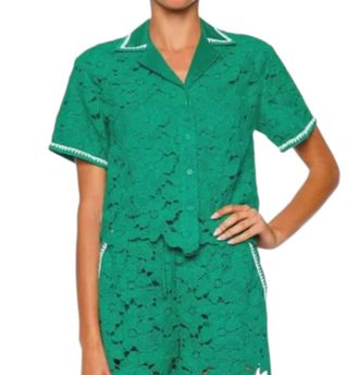 Jonathan Simkhai Glenn Lace Camp Shirt In Kelly Green