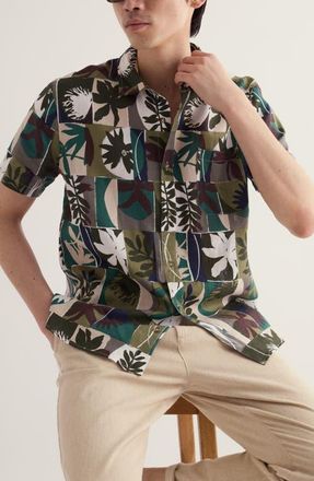 Seasalt Cornwall Blue Heron Short Sleeve Linen Shirt in Floral Splice Light Nori at Nordstrom, Size Xx-Large
