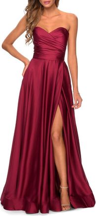 La Femme Strapless Satin Gown with Pleated Bodice and Slit in Wine at Nordstrom, Size 10
