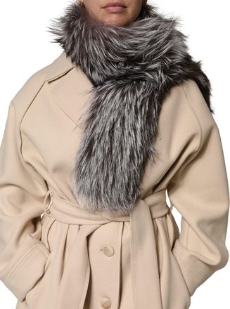 Dolce & Gabbana Womens Gray Fox Fur Neck Wrap Warmer Winter Scarf Silver