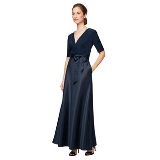 Alex Evenings Womens Ballgown Formal Event Dress with Pockets and Tie Belt (Petite and Regular Sizes) Special Occasion, Navy Satin, 14