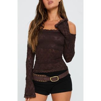 Princess Polly Mochapella Off the Shoulder Lace Top in Brown at Nordstrom, Size 10