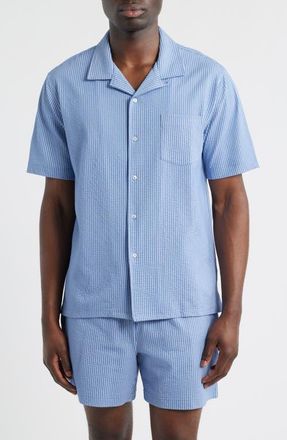 Daniel Buchler Pinstripe Seersucker Pajama Camp Shirt in Blue Stripe at Nordstrom, Size Xx-Large