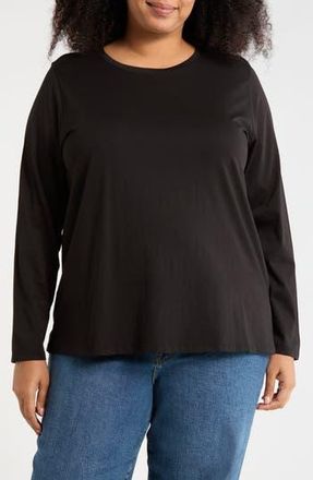 Eileen Fisher Crewneck Long Sleeve Organic Cotton T-Shirt in Black at Nordstrom Rack, Size 1X