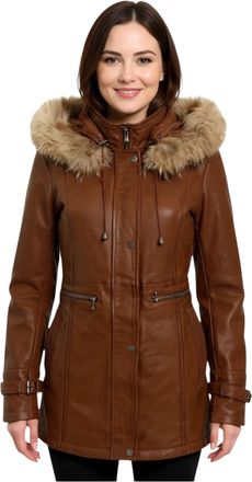 Infinity Leather Womens Tan Leather Hooded Parka Jacket-Charleville