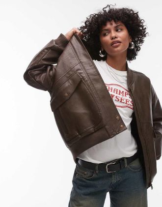 Topshop Giacca bomber super oversize in pelle sintetica marrone con fodera in pile borg