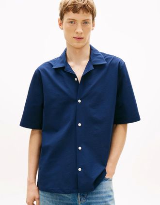 Tommy Hilfiger Mens Tommy Hilfiger Performance Seersucker Mens Short Sleeve Shirt - Carbon Navy/Black Stripe - Carbon Navy Black Stripe - Size: 40/Regular