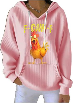 Generic Womens Retro Funny F-Caw-F Chicken Printed Casual Hoodie Humor Quote V-neck Hoodie (UK, Alpha, XL, Regular, Regular, A)