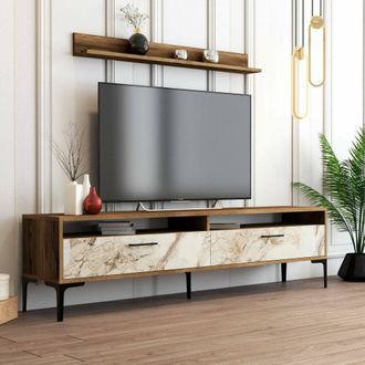 Dmora Parete Attrezzata Edasich, Composizione Soggiorno, Mobile Salotto Multiuso, Armadio Porta Tv, 180x35h47 Cm, Noce E Bianco Marmo, Con Imballo Rinforzat