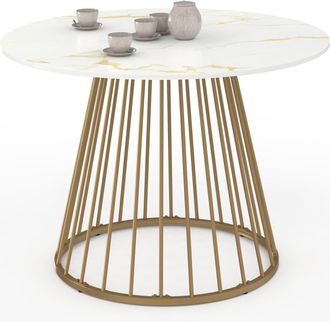 IDMarket Tavolo Da Pranzo Rotondo Yuna Per 6 Persone Con Base In Filo DOttone E Piano Alaska 110 Cm Effetto Marmo Bianco