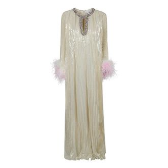 Self Portrait Gowns, female, Yellow, Size: 2XS Metallic Ombre Feather Maxi Dress