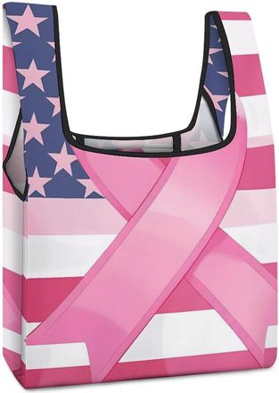 Generic Ribbon Breast Cancer Awareness Flag Shopping Bag Reusable Grocery Tote Bag Foldable Handbag for Travel Picnic