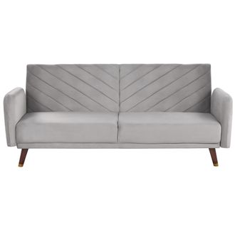 Beliani Sof&aacute; Cama 3 Plazas De Terciopelo Gris Claro Madera Oscura Reclinable Senja