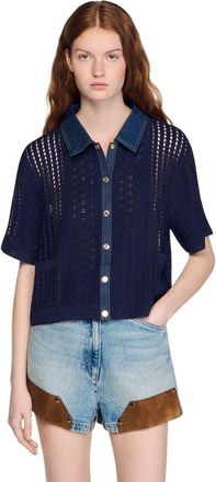 Sandro Crochet and denim cardigan in Navy Blue at Nordstrom, Size X-Large