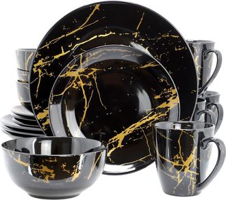 Elama Fine Marble 16 Piece Porcelain Dinnerware Set in Black at Nordstrom