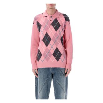 J.W.Anderson Tops, Heren, Roze, M, Wol, Gebreide Argyle Polo Top