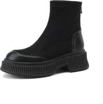 Generic Womens Sock Ankle Boots Black Brown Suede PU Round Toe Side Zip Ribbed Platform Sole Comfortable Non Slip Wear Resistant Daily Casual Street Style Fas