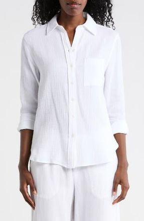 Elie Tahari Long Sleeve Cotton Gauze Button-Up Shirt in White at Nordstrom Rack, Size Small