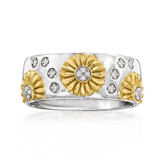 Ross-Simons Diamond Sunflower Ring in Sterling Silver and 18kt Gold Over Sterling