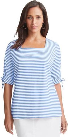 Jessica London Stretch Cotton Tie Sleeve Square Neck Tee in French Blue Feeder Stripe at Nordstrom, Size Medium