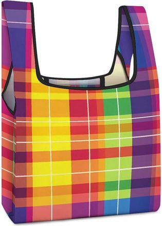 Generic Rainbow LGBT Gay Plaid Shopping Bag Reusable Grocery Tote Bag Foldable Handbag for Travel Picnic