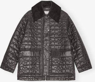 Ganni Mixed Black Shiny Quilt Midi Jacket - Size L/XL Recycled Nylon