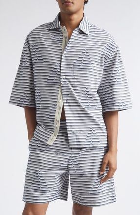 Jacquemus La Plage Stripe Short Sleeve Cotton Jacquard Button-Up Shirt in Jacquard Boat Navy/white at Nordstrom, Size 52