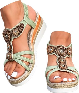 Generic Womens Thick Soled Wedge Heeled Sandals Fashionable Rhinestone Beaded Hollow Beach Sandal Elastic Ankle Strap Sandals Women Dressy (Light Green, 6.5)