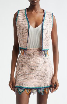 Etro Bead Fringe Tweed Crop Vest in Multicolour Orange Base at Nordstrom, Size 10 Us