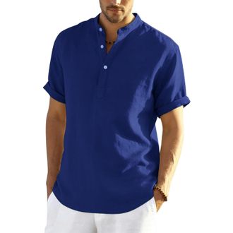 Generic Mens Linen Shirts Short Sleeve Summer Beach Hawaiian Shirts with Pockets Grandad Collar Collarless Henley Tshirts Men UK Button V Neck Cotton Linen To