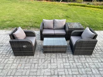 Fimous 5 PC Outdoor PE Rattan Garden Furniture Set Wicker Love Sofa Coffee Table 2 Armchair Side Table Dark Grey Mixed