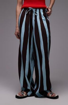 Topshop Stripe Linen Blend Drawstring Pants in Black Multi at Nordstrom Rack, Size Small