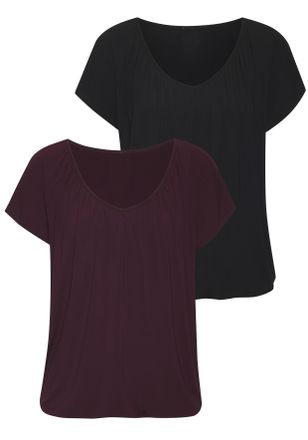 Lascana Kurzarmshirt LASCANA, Damen, Gr. 32/34, lila (aubergine, schwarz), Jersey, Obermaterial: 95% Viskose (LENZING ECOVERO), 5% Elasthan, unifarben, Basic,
