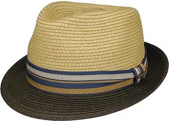 Chapeau En Paille Stetson Trilby - Homme/Femme - Protection UV 40+ - Bord 4.5 Cm - Taille L (58-59 Cm) - Coloris Nature-Rouge à Rayures