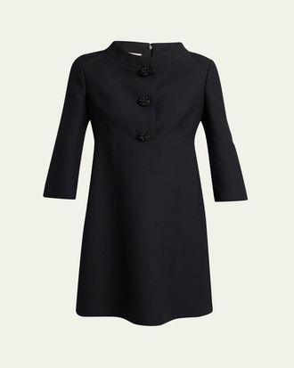 Valentino Garavani Crystal-Button 3/4-Sleeve Crepe Mini Dress