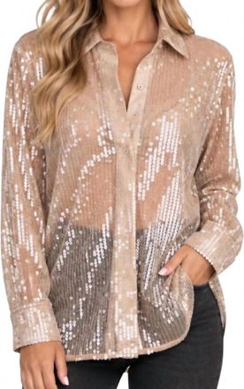 Glam Sequin Collard Button Down Shirt In Taupe