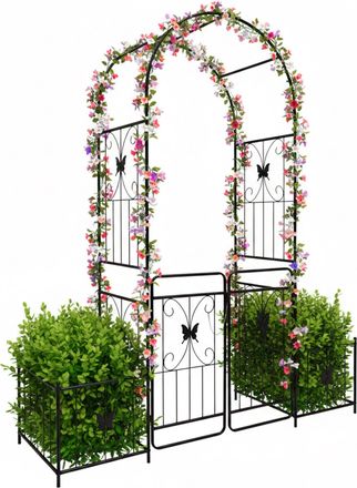 Relaxdays Relaxdays Arco Met&aacute;lico Para Rosales Con Puerta Doble Y 2 Jardineras, 220x202x50 Cm, Negro