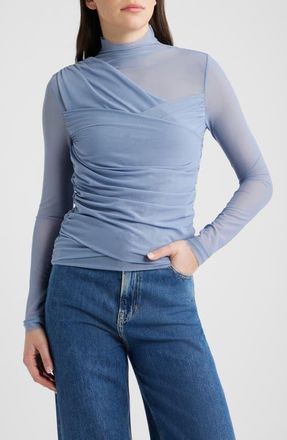 Boss Orange by Hugo Boss Etualh Ruched Mesh Turtleneck Top in Bright Blue at Nordstrom, Size X-Large