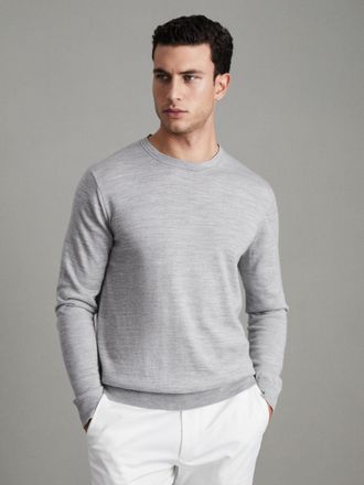 Reiss Soft Grey Mouline Merino Wool Crew Neck Jumper, Xxl