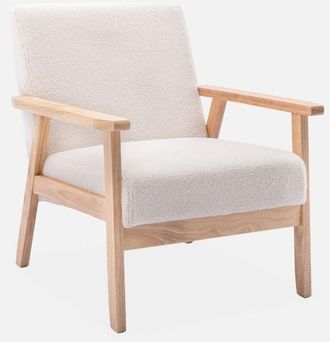 Sweeek Sweeek - Sillón escandinavo de borreguito y madera de hevea, Isak borreguito, Borreguito blanco, 64x69.5x73 cm