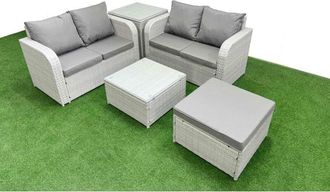 Fimous Fimous 5 Seater Outdoor Love Sofa Set Rattan Garden Furniture Set with Square Coffee Table Big Footstool Side Table Light Grey