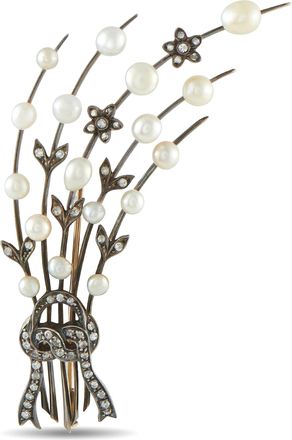 Luxury Bazaar Antique 14K Rose Gold and Silver Diamond and Natural Pearl Spray Brooch MF05-073026