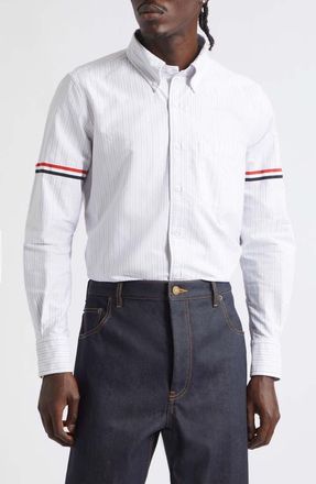 Thom Browne Straight Fit Armband Stripe Cotton Button-Down Shirt in Medium Grey at Nordstrom, Size 5