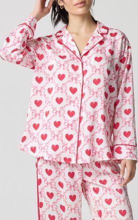 Florence By Mills Dream Satin Pajama Shirt in Ribbon Hearts at Nordstrom, Size Xx-Small