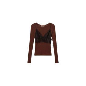 Twinset Maglia a maniche lunghe in misto cotone e seta trasparente con sottoveste in pizzo - - Tops - Donna - Marrone - M