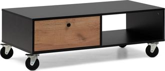 Les Tendances Mesa De Centro 110x55x38 Negro Y Roble, Con Caj&oacute;n, Balda Abierta Y Ruedas Industriales
