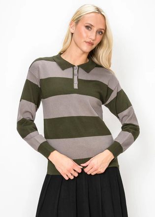 YAL New York Olive Striped Polo Sweater