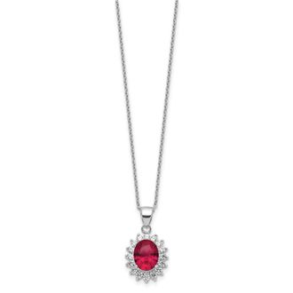 Diamond2Deal Sterling Silver Rhodium-plated Lab Created Ruby and CZ Oval Halo Pendant Necklace