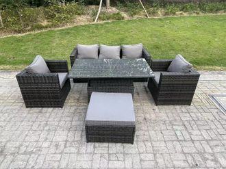 Fimous Rattan Garden Furniture Sofa Set Outdoor Adjustable Rising Lifting Dining Table Set in Dark Grey